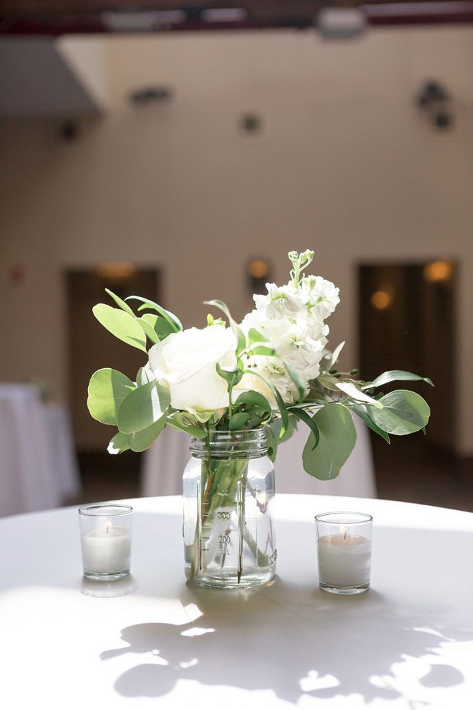 Aerin and Steven Wedding - Cocktail Mason Jars Dahlia Silver Dollar Euc Olive Green Tibet Rose Ruscus Stock - 26 Bridge Brooklyn - Susan Shek Photography