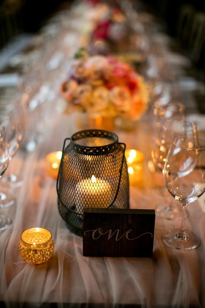 Lauren and Jordan Wedding - Blush Tulle Table Runner with Mercury Votives and Lanterns - Blue Hill at Stone Barns NY - by Craig Paulson