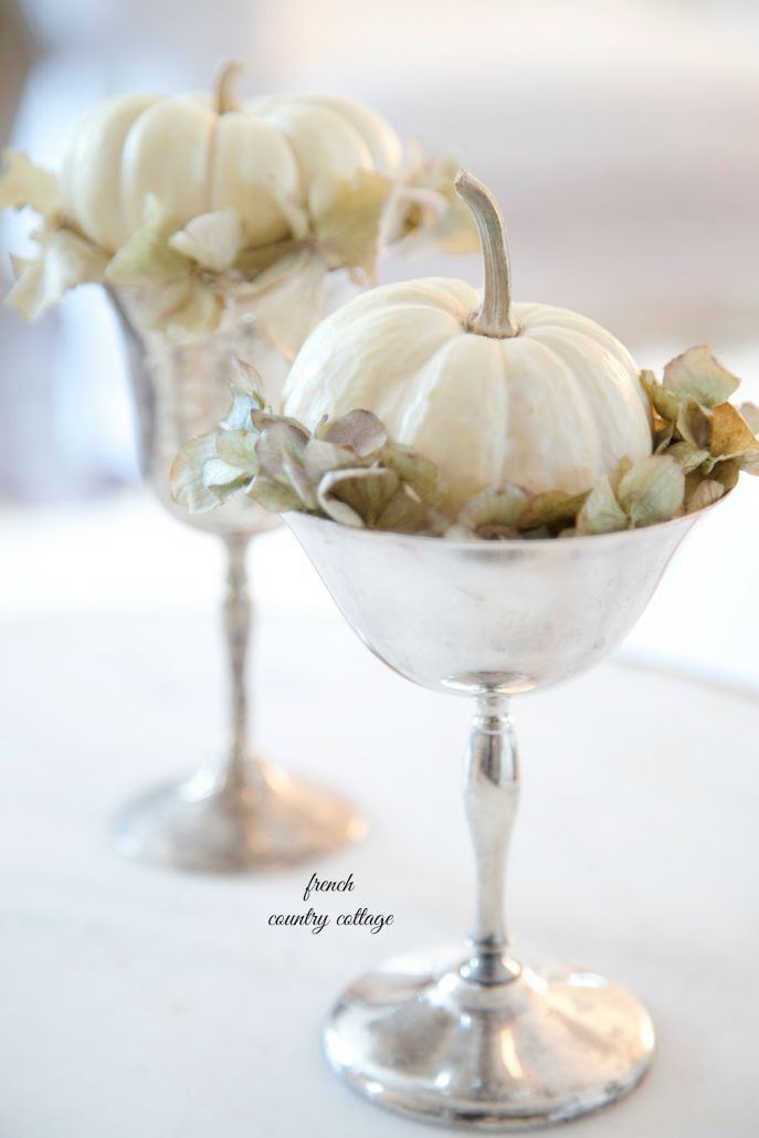 White Baby Pumpkins in Silver Goblets - via frenchcountrycottage.com