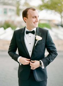 Jessica & Brian Wedding - Groom with Tibet Rose Boutonniere - Battery Gardens NYC - by Rebecca Yale - 022