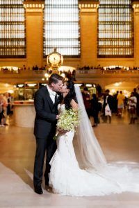 Nina & Vincent Wedding - Bride and Groom in Grand Central Bouquet Dendrobium Orchid - Bryant Park Grill - Andrea Fischman Photography - 461