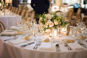 Nina & Vincent Wedding - Low Centerpiece Ladys Mantle Lisianthus Garden Spray Vendela Rose Ruscus - Bryant Park Grill - Andrea Fischman Photography - 606