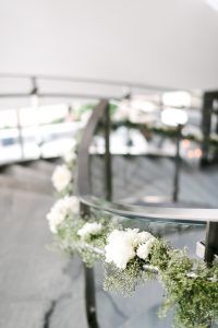 Stefanie & Jon Wedding - Stair Garland Babys Breath Carnation Peony Rose - riverpark NYC - by Trent Bailey - 0420