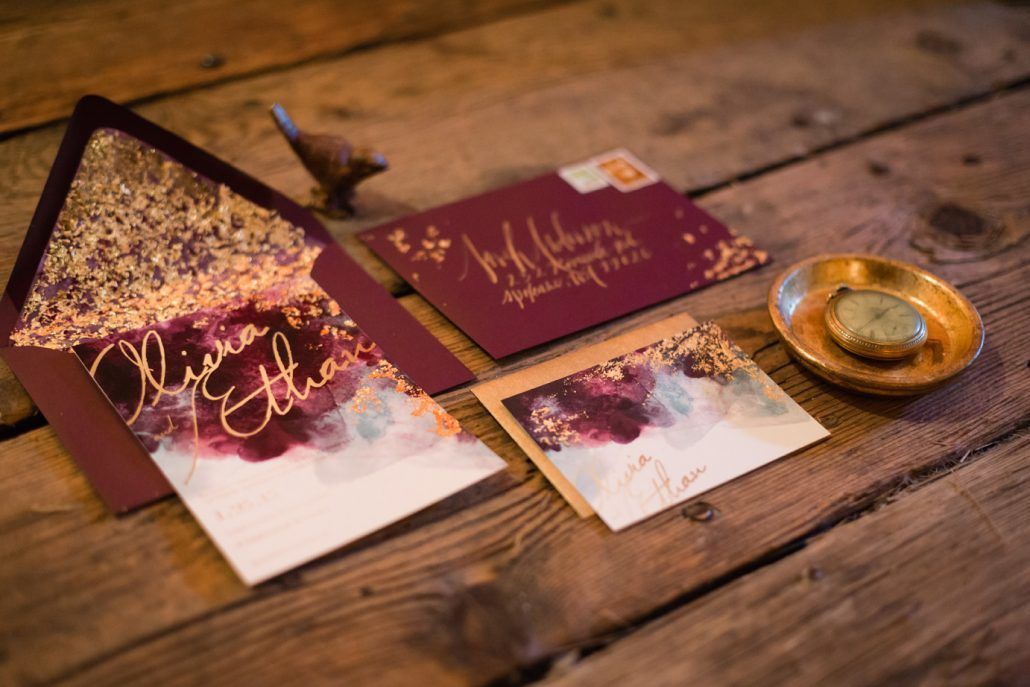 Burgundy Gold Wedding Invitation - via andrealeslieweddings.com
