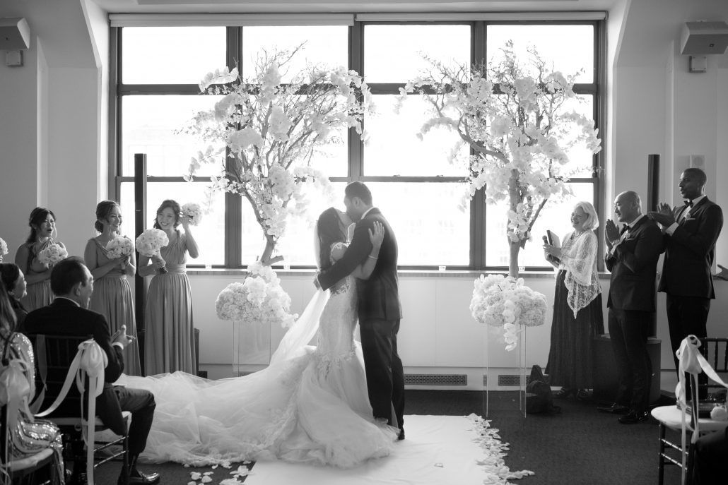 Sophia & Sam Wedding - Bride and Groom Kiss - Tribeca 360 NYC - by Shira Weinberger