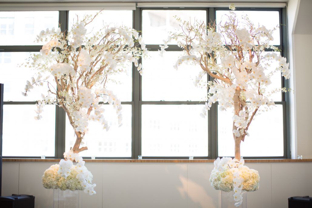 Sophia & Sam Wedding - Ceremony Trees Hydrangea Manzanita Dendrobium Phalaenopsis Orchid - Tribeca 360 NYC - by Shira Weinberger