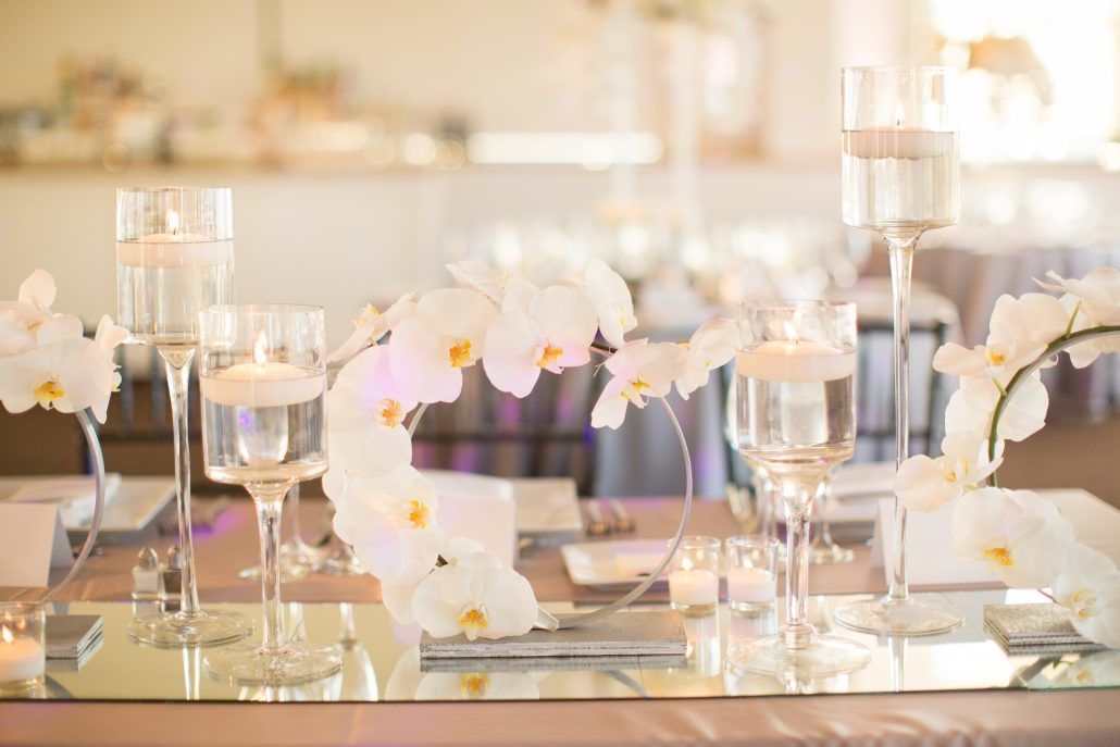 Sophia & Sam Wedding - Low Centerpiece Silver Ring with Phalaenopsis Orchid - Tribeca 360 NYC - by Shira Weinberger