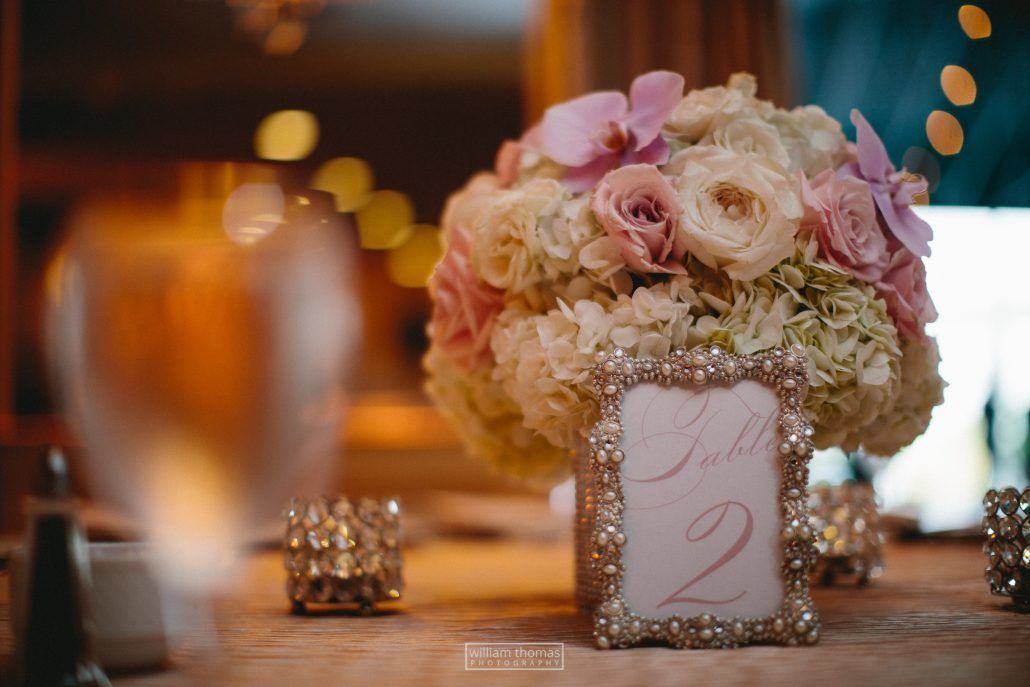 Dahiana & Christopher Wedding - Low Centerpiece with Table Number - Mansion Timber Point - by William Thomas Photography