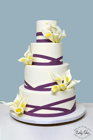 Calla Lily Purple Ribbon Wedding Cake - via lovelycakes.net