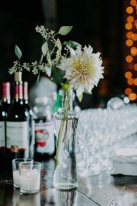 Ashley & Tiffany Wedding - Low Centerpiece Bud Vase Dahlia Seeded Euc - Green Building Brooklyn - by Amber Gress - 0474