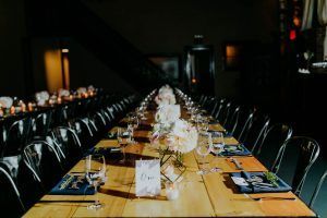 Ashley & Tiffany Wedding - Low Centerpiece Hydrangea Dahlia Garden Rose Phalanopsis Orchid - Green Building Brooklyn - by Amber Gress