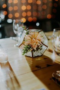 Ashley & Tiffany Wedding - Low Terrarium Centerpiece Dahlia Eucalyptus - Green Building Brooklyn - by Amber Gress - 0459