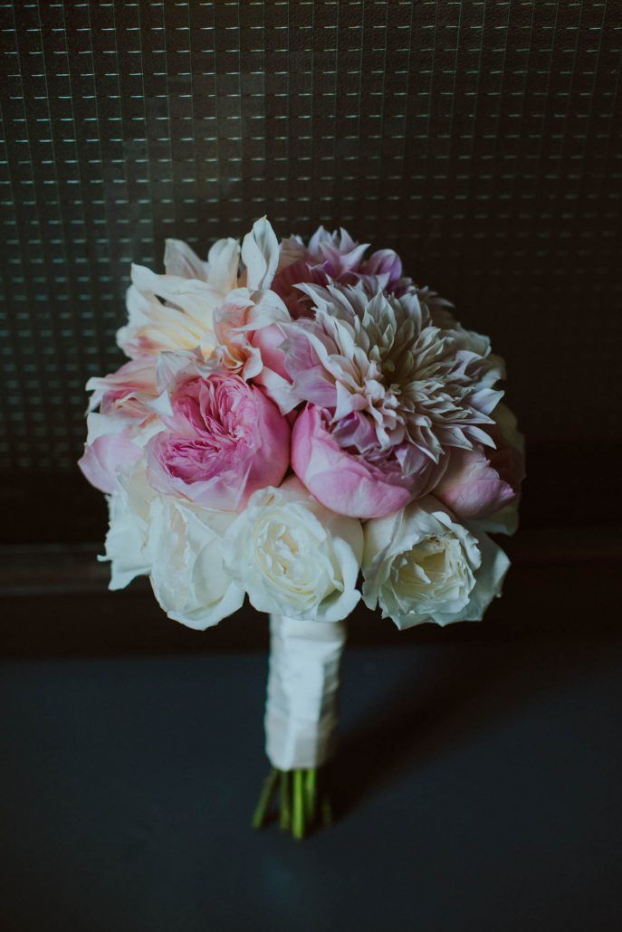 Ashley & Tiffany Wedding - Garden Rose Dahlia Bouquet - Green Building Brooklyn - by Amber Gress Photography