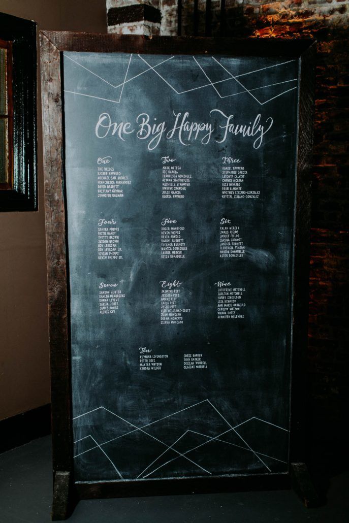 Ashley & Tiffany Wedding - Chalkboard Seating Chart Display - Green Building Brooklyn - Amber Gress Photography 