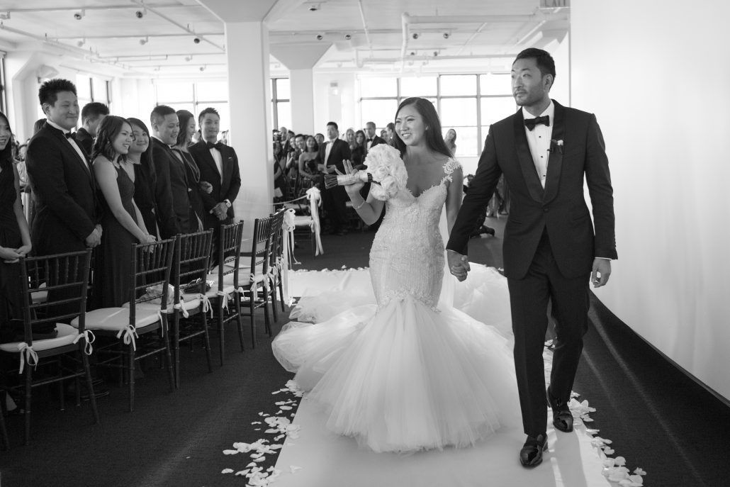 Sophia & Sam Wedding - Bride and Groom Walking Down Aisle - Tribeca 360 NYC - by Shira Weinberger